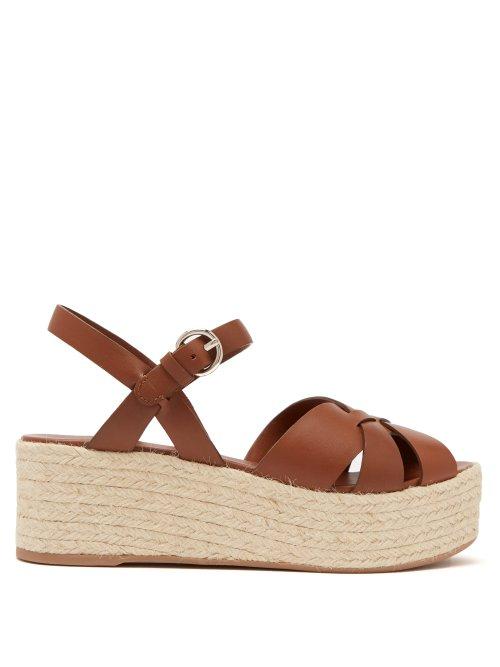Matchesfashion.com Prada - Criss Cross Leather Wedge Espadrille Sandals - Womens - Tan