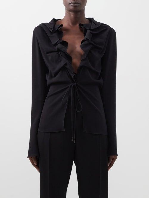 Tom Ford - Ruffled Plunge-front Cady Top - Womens - Black