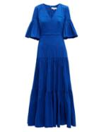 Matchesfashion.com Borgo De Nor - Teodora Gathered Cotton Blend Poplin Dress - Womens - Blue