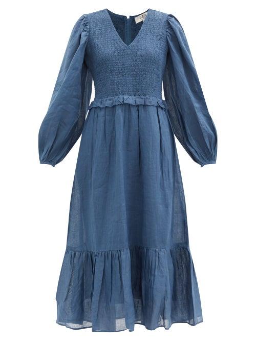 Matchesfashion.com Sea - Hattie Balloon-sleeve Shirred Ramie Midi Dress - Womens - Navy