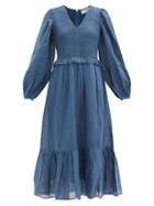 Matchesfashion.com Sea - Hattie Balloon-sleeve Shirred Ramie Midi Dress - Womens - Navy