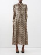 Valentino - V-logo Print Silk Crepe De Chine Midi Dress - Womens - Beige Black