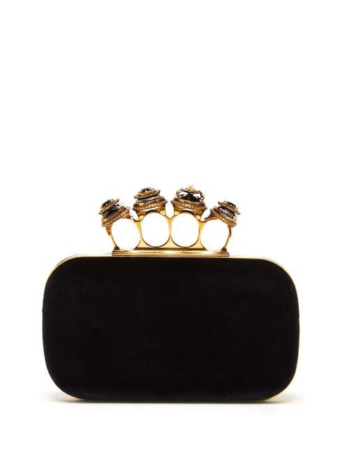Matchesfashion.com Alexander Mcqueen - Knuckle Jewelled Velvet Clutch - Womens - Black