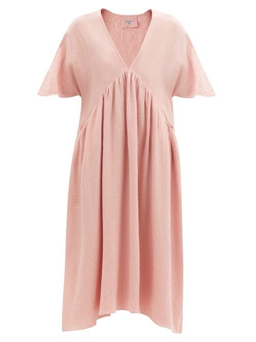 Matchesfashion.com Loup Charmant - Riva V-neck Cotton-gauze Midi Dress - Womens - Light Pink