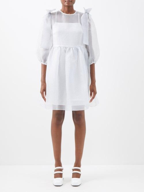 Shrimps - Max Shoulder-tie Check Organza Dress - Womens - Off White