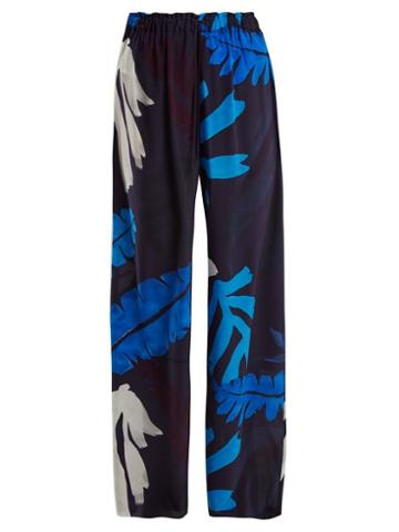 Matchesfashion.com Kalmar - Palm Print Wide Leg Silk Trousers - Womens - Blue Multi