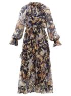 Matchesfashion.com Zimmermann - Sabotage Floral Print Silk Chiffon Midi Dress - Womens - Navy Print