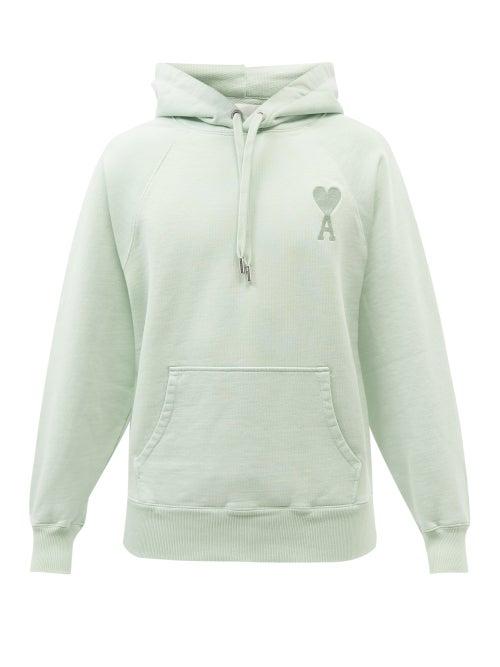 Ami - Ami De Caur-embroidered Cotton Hooded Sweatshirt - Mens - Light Green