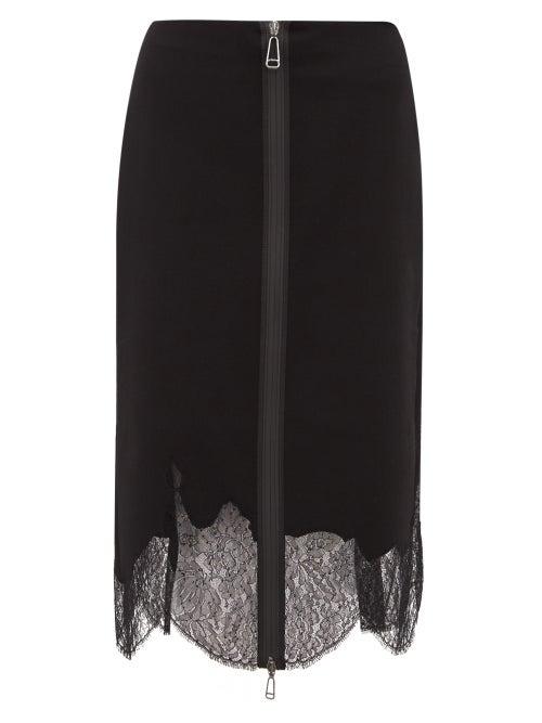 Matchesfashion.com Fendi - Zip Up Lace Trim Wool Pencil Skirt - Womens - Black