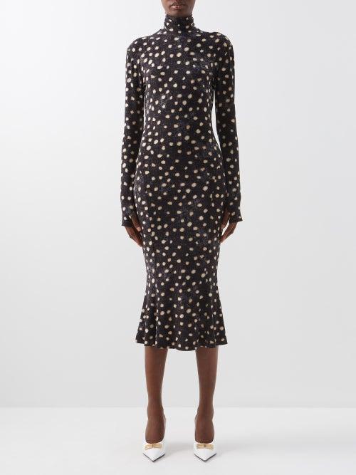 Norma Kamali - High-neck Spot-print Jersey Midi Dress - Womens - Black & White