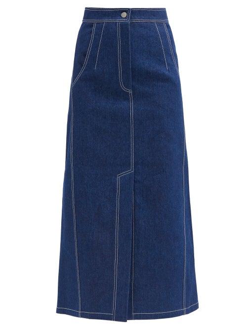 Matchesfashion.com Vika Gazinskaya - Topstitched Denim Midi Skirt - Womens - Denim