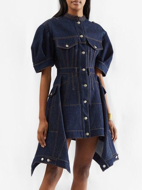 Alexander Mcqueen - Handkerchief-hem Denim Mini Dress - Womens - Dark Denim