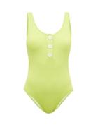 Matchesfashion.com Solid & Striped - The Anne-marie Buttoned Ribbed Swimsuit - Womens - Green