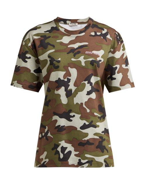 Matchesfashion.com Miu Miu - Logo Embroidered Camouflage Print Cotton T Shirt - Womens - Green Multi