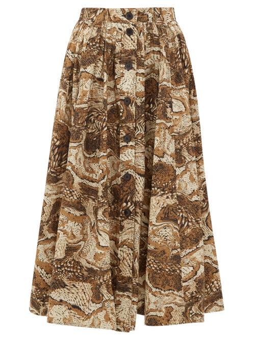 Matchesfashion.com Ganni - Tiger's Eye Print Button Down Cotton Midi Skirt - Womens - Beige