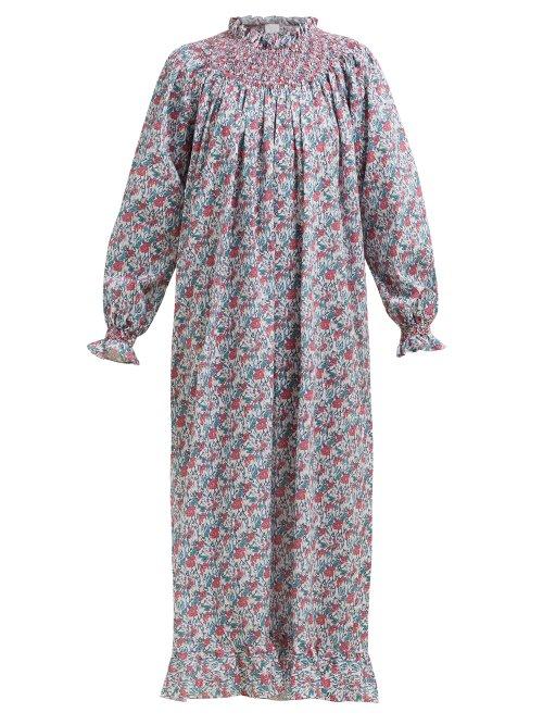 Matchesfashion.com Loretta Caponi - Floral Print Smocked Midi Beach Dress - Womens - Pink Multi