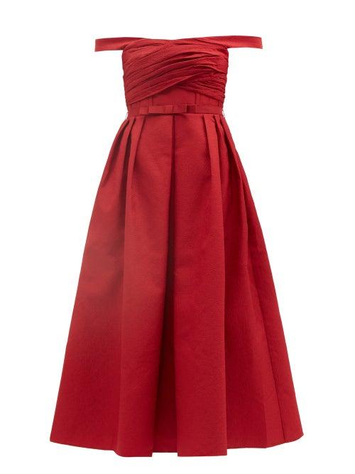 Self-portrait - Off-the-shoulder Gathered Taffeta Midi Dress - Womens - Red