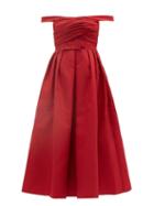 Self-portrait - Off-the-shoulder Gathered Taffeta Midi Dress - Womens - Red