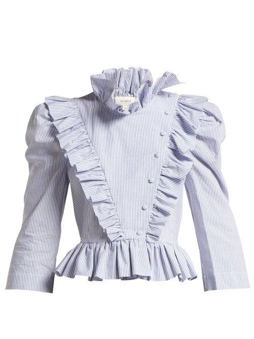 Matchesfashion.com Isa Arfen - Edith Striped Ruffle Trimmed Blouse - Womens - Blue White