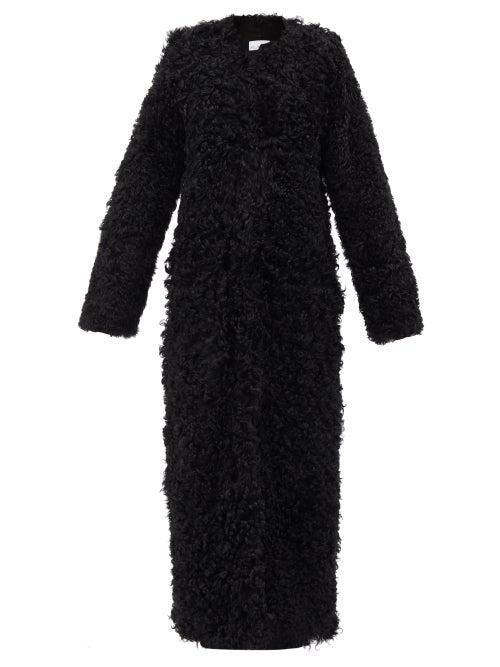 Raey - Collarless Curly Shearling Maxi Coat - Womens - Black