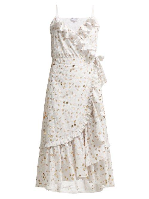 Matchesfashion.com Juliet Dunn - Gold Leaf Print Ruffled Wrap Dress - Womens - White Gold