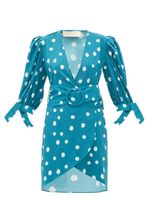 Matchesfashion.com Adriana Degreas - Polka Dot Belted Cotton Wrap Dress - Womens - Blue Print