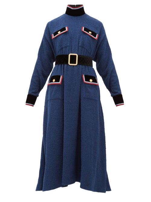 Matchesfashion.com Gucci - Velvet Trim Belted Boucl Dress - Womens - Blue