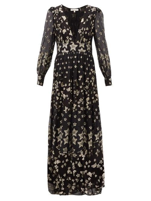 Matchesfashion.com Loveshackfancy - Cyrena V-neck Metallic-star Silk-blend Crepe Dress - Womens - Black Print
