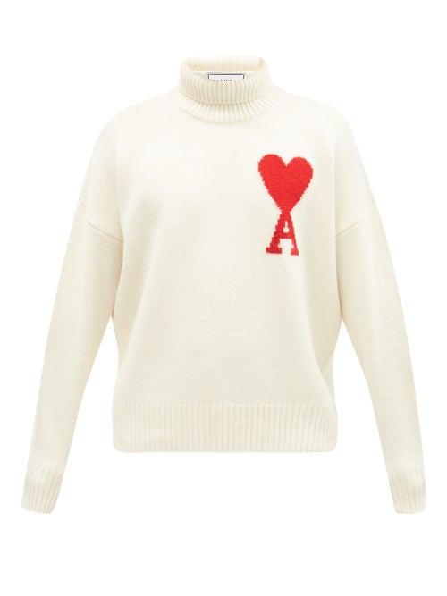 Matchesfashion.com Ami - Ami De Coeur-intarsia Roll-neck Wool Sweater - Mens - Cream