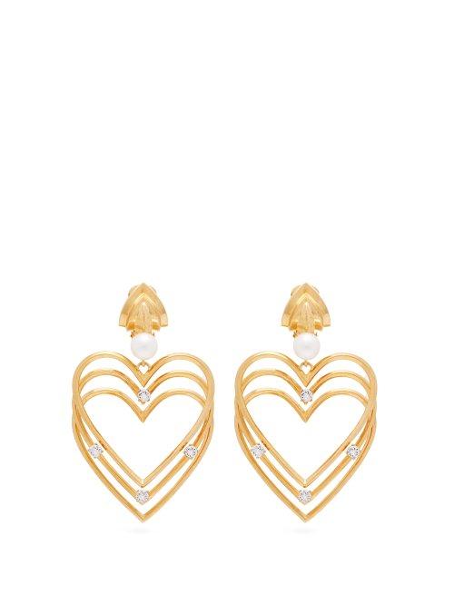 Matchesfashion.com Balenciaga - Crystal And Pearl Heart Clip On Earrings - Womens - Gold