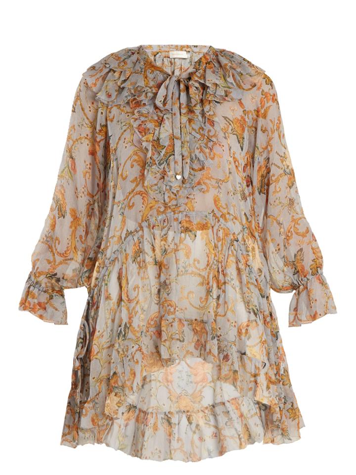 Zimmermann Painted Heart Floral-print Ruffled Silk Top