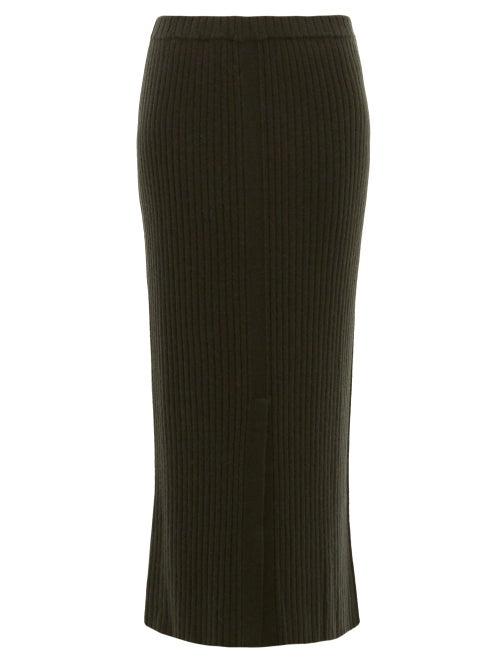 Matchesfashion.com Allude - Ribbed Split Hem Cashmere Skirt - Womens - Khaki