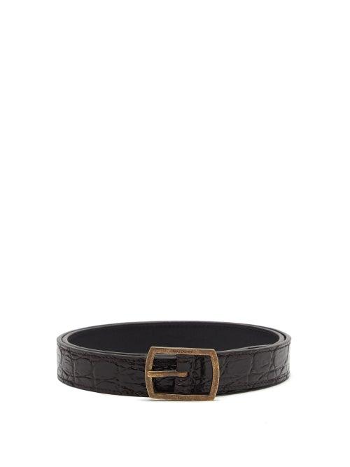 Matchesfashion.com Saint Laurent - Crocodile-effect Brown Leather Skinny Belt - Womens - Dark Brown