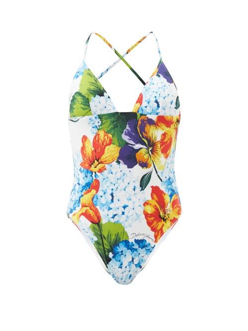 Dolce & Gabbana - Floral-print Crossover-back Swimsuit - Womens - Floral