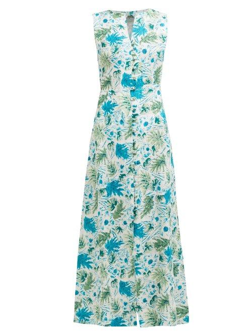 Matchesfashion.com Cult Gaia - Gia Leaf Print Linen Midi Dress - Womens - Blue Print