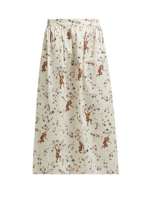 Matchesfashion.com Edward Crutchley - Monkey Print Cotton Poplin Skirt - Womens - Cream