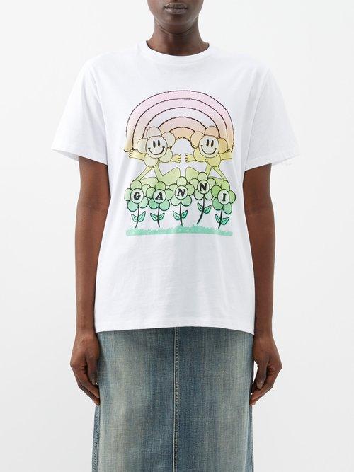 Ganni - Rainbow-print Jersey T-shirt - Womens - White Multi