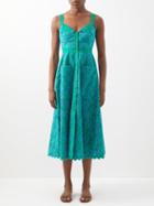Saloni - Fara Embroidered Cotton Midi Dress - Womens - Emerald