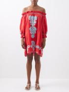 Saloni - Gaby Ruffled Off-the-shoulder Linen Dress - Womens - Red Blue
