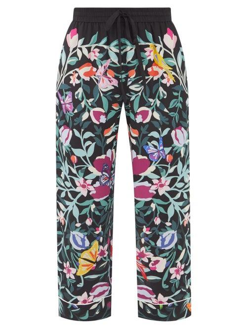 Valentino - Floral-print Silk Crepe De Chine Trousers - Womens - Black Multi