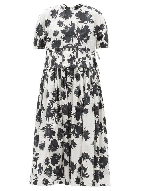 Matchesfashion.com Sara Lanzi - Pleated-waist Floral-print Cotton Midi Dress - Womens - White Black