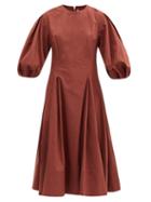Ladies Rtw Another Tomorrow - Puff-sleeve Organic-cotton Poplin Midi Dress - Womens - Brown