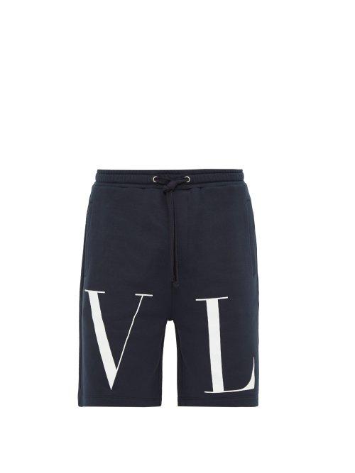 Matchesfashion.com Valentino - Logo Print Cotton Loop Back Jersey Shorts - Mens - Navy