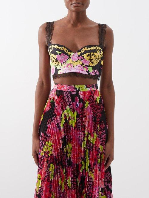 Versace - Medusa Orchid-print Lace-trim Silk-twill Crop Top - Womens - Black Multi