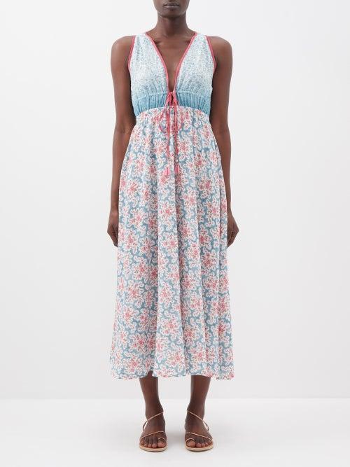 D'ascoli - Sylvie Floral Cotton-khadi Midi Dress - Womens - Blue Multi
