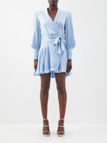 Zimmermann - Wrap-front Belted Silk Mini Dress - Womens - Light Blue