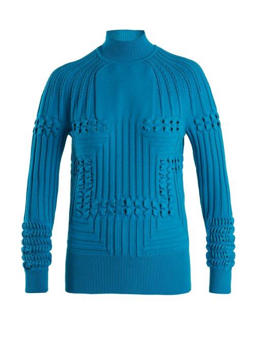 Matchesfashion.com Mary Katrantzou - Hardy High Neck Panelled Ribbed Knit Sweater - Womens - Blue