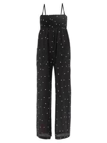 Three Graces London - Tallie Embroidered-polka Dot Cotton Jumpsuit - Womens - Black White
