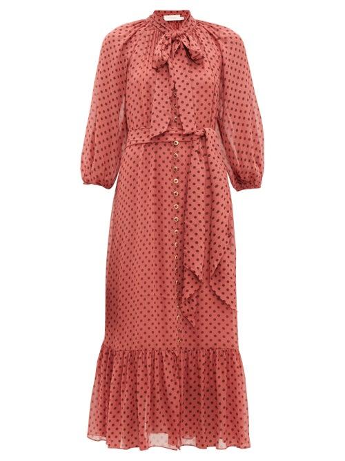 Matchesfashion.com Zimmermann - Espionage Pussy Bow Polka Dot Print Crepe Dress - Womens - Pink Print