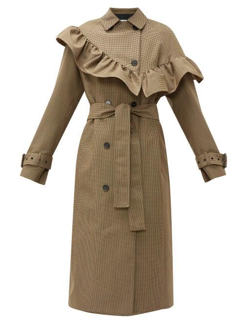 Matchesfashion.com Msgm - Houndstooth Ruffle Trim Wool Blend Trench Coat - Womens - Beige